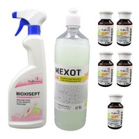 Pachet pentru dezinfectia mainilor, cu Spray Bioxisept 750ml, Mexot - Gel dezinfectant cu alcool 1l si 5buc. 100ml